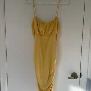 Yellow Ruched Spaghetti Strap Mini Dress